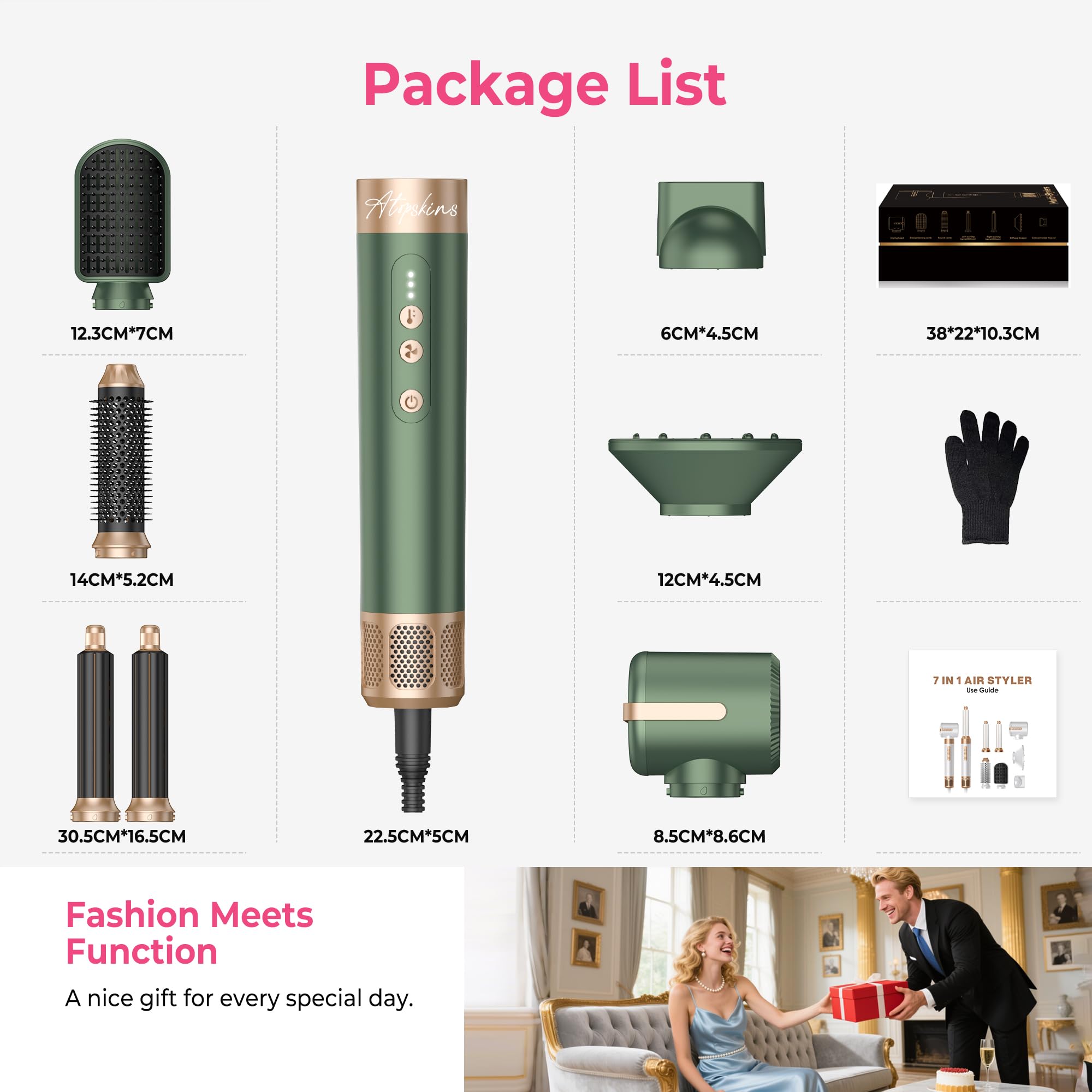 Atopskins 7 en 1 Air Styler&Sèche-cheveux,Brosse Souflante,110000 U/Min Seche Cheveux Avec Diffuseur,Airflow Fer à Boucler à Air de 30.5 mm,Hair Styler Professionnel | Lisser,Boucler les Cheveux,Vert