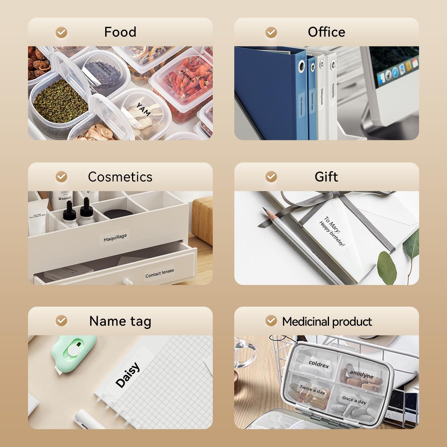 Various application examples of NIIMBOT D110 labels for food, office, cosmetics, gifts, name tags, and medicinal products