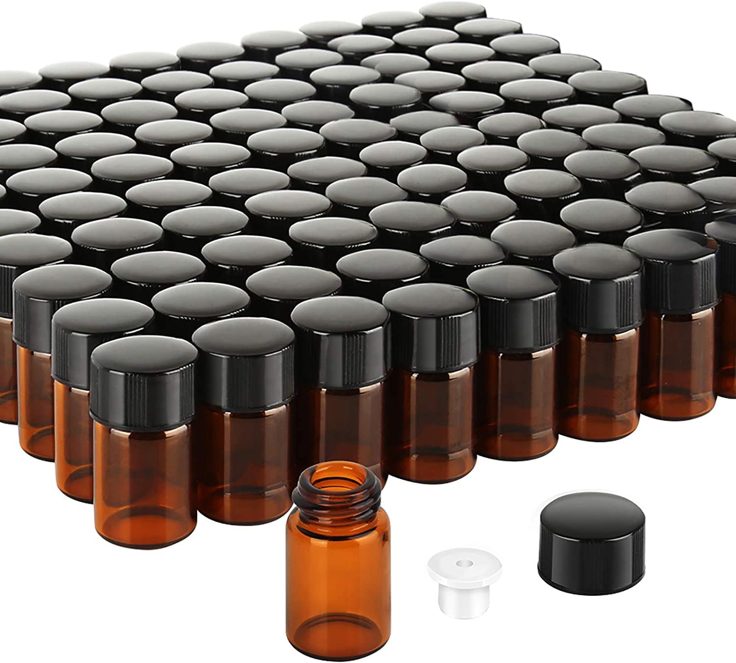 Pack of 100 2 ml Essential Amber Oil Bottles, Mini Glass Bottles with Bottle Cap, Opening Reducer and Inner Plug for Essential Oils, Perfumes, Cosmetics or Laboratory Chemicals
