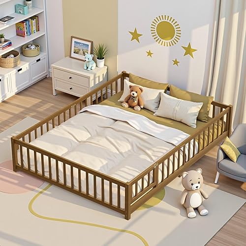 Miniatura 19 de i-POOK Cama de suelo doble para niños, marco de cama Montessori de madera resistente con listones de madera, baranda y puerta, cama de suelo