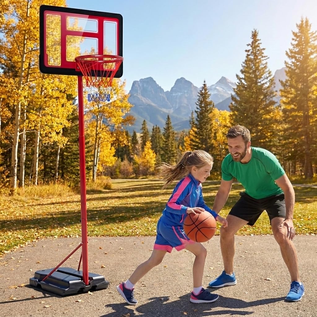 GYMAX Basketballkorb Outdoor, Korbhöhe 141-273.5 cm höhenverstellbar, Basketball Korb mit Rollen & befüllbarer Basis, Mobile Basketballanlage für Kinder, Erwachsene