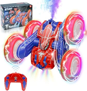 Remote Control Car with Spray Effect & LED Cool Lights, 360Double-Sided 2.4GHz 4WD All Terrain Off Road Spider RC Car for Kids Toys, RC Stunt Car Toys, Electric Racing Car for 4+ Boys Girls Red