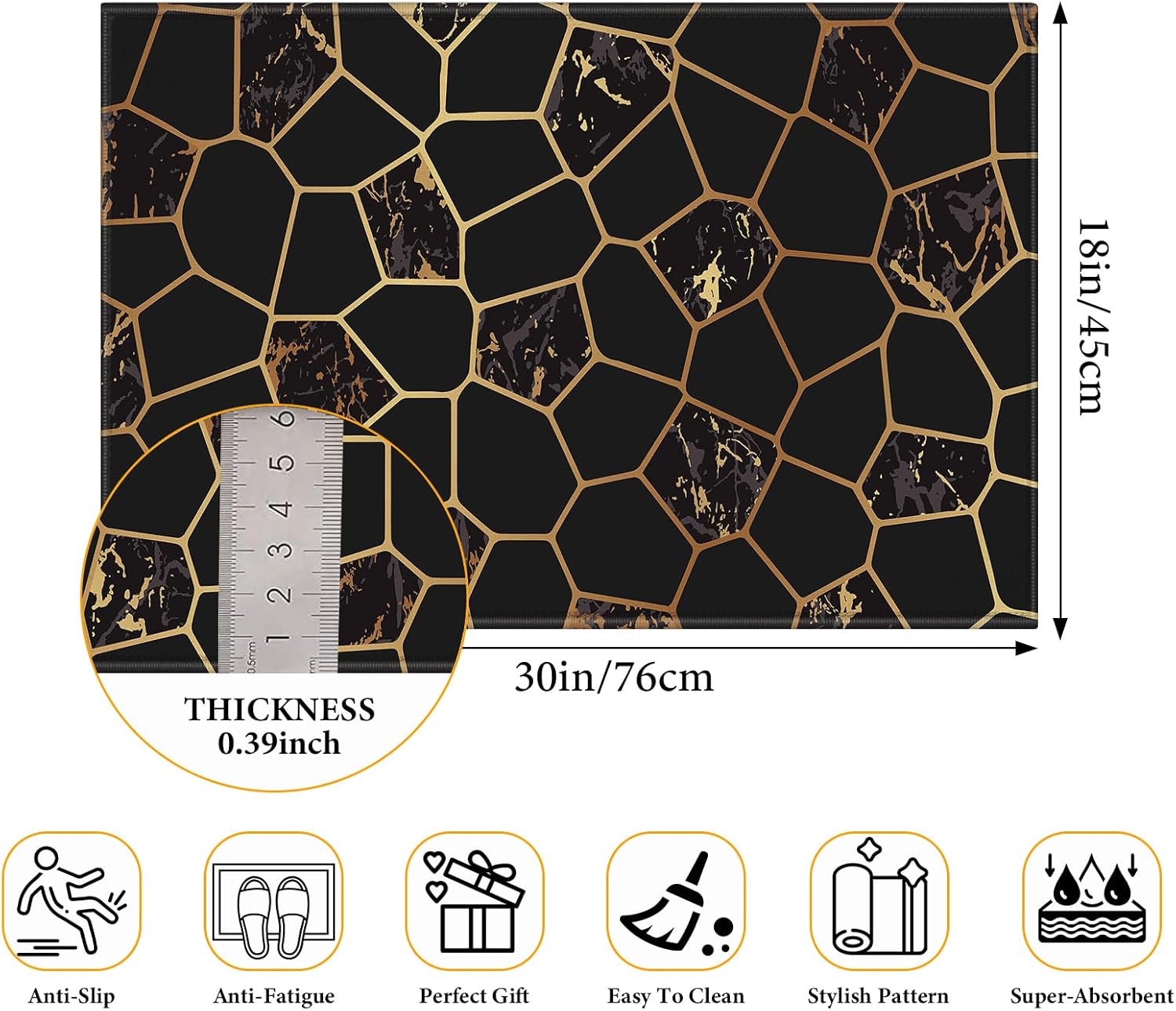Black Gold Marble Indoor Door Mat,Resist Dirt and Absorbent Entrance Mat,Anti-Slip,Low Profile Inside Floor Mat Doormat for Entryway 17"x29.5"