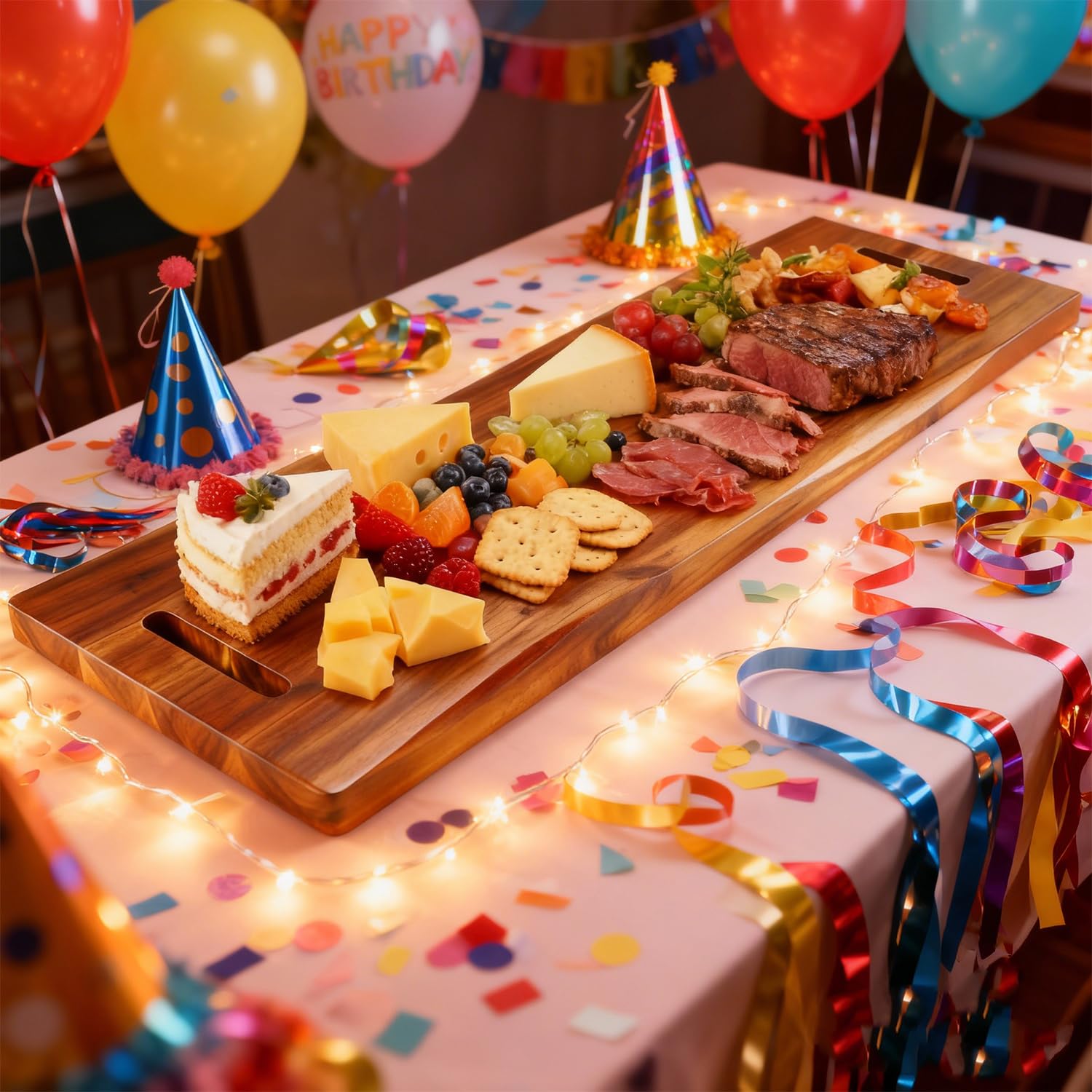 Charcuterie-Brett aus Akazienholz mit Griffen, großes Serviertablett, rechteckig, Servierplatte, Käsebrett und Vorspeisenteller für Unterhaltung, Reisen, Party, Grillen, Hochzeit