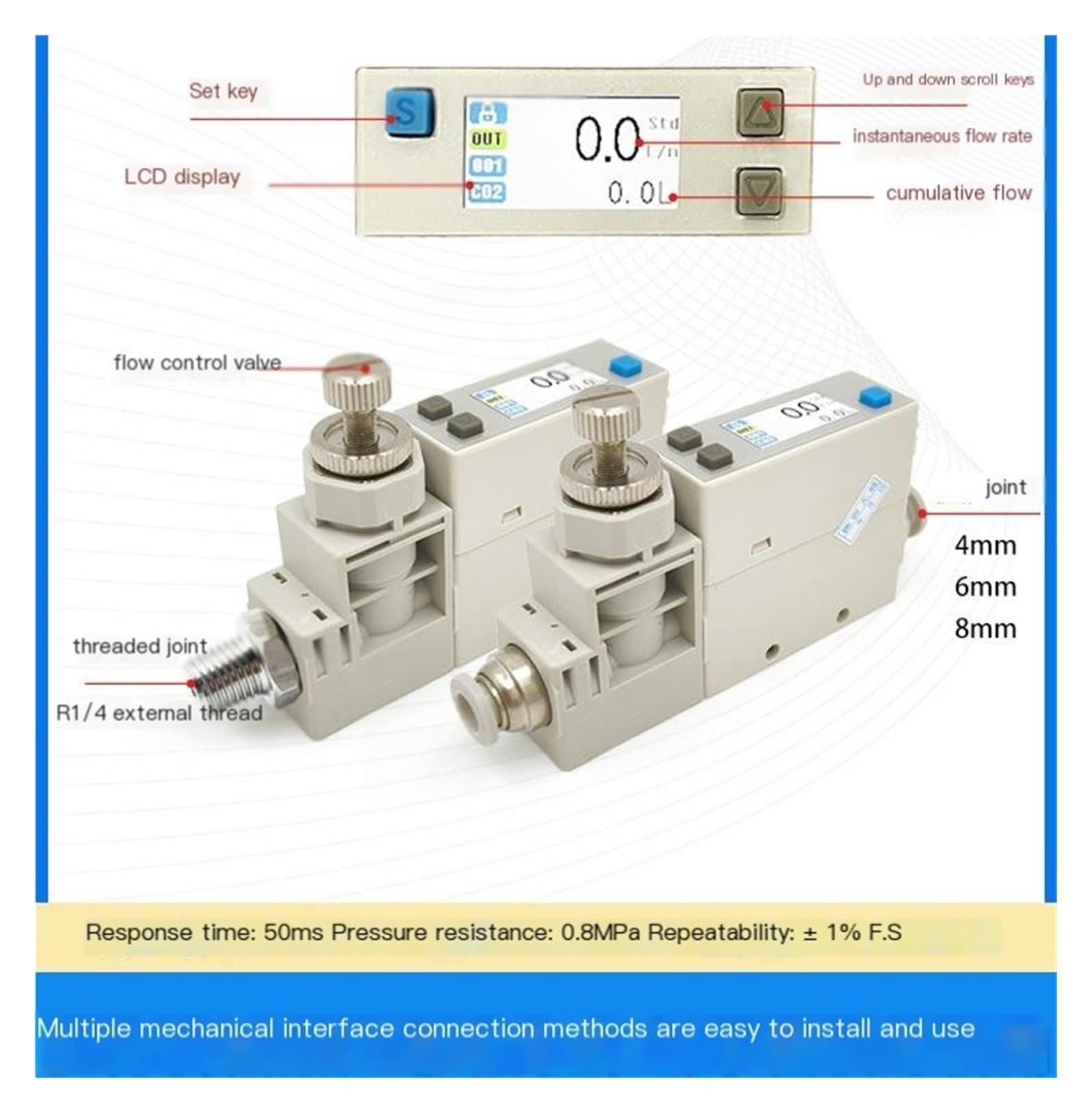 Válvula de aguja AFM0810 Pantalla digital ajustable Medidor de caudal másico Controlador de caudal Aire(AFM0850-08-A 50L/min)