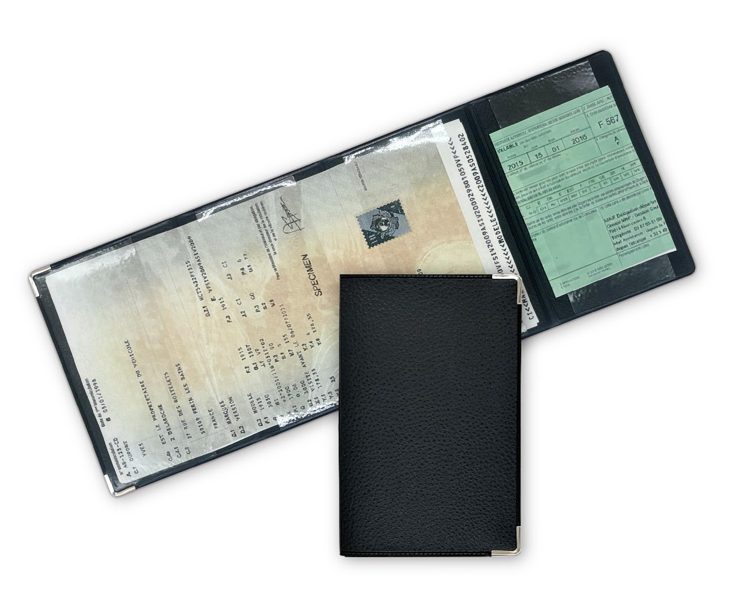 Porte Carte Grise 4 Volets en Simili Cuir – Étui Documents Véhicule, Assurance & Permis – Fabriqué en France – Noir