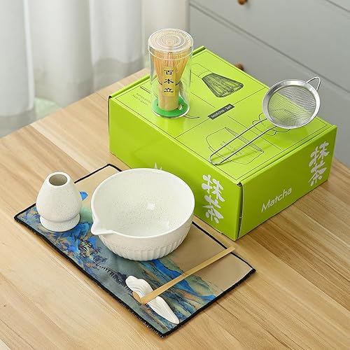 Miniatura 3 de Juego de matcha japonés Matcha Whisk Matcha Bowl con boquilla de vertido, soporte para batidor de matcha, kit para hacer té. 1 juego de batidor de
