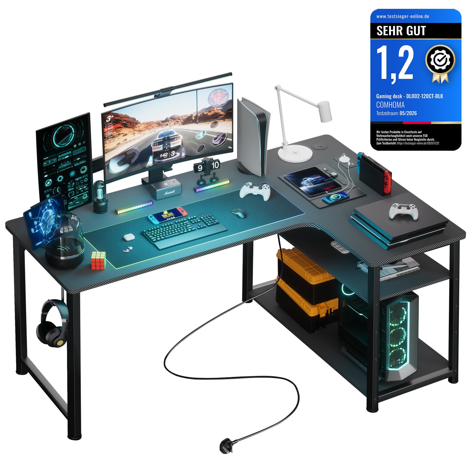 COMHOMA Bureau Gaming en Forme de L, Bureau d’Angle avec Étagères Rangement, Table imformatique avec Port de Charge USB et Prise de Courant, 120L*80P*74H, pour Jouer, Travailler