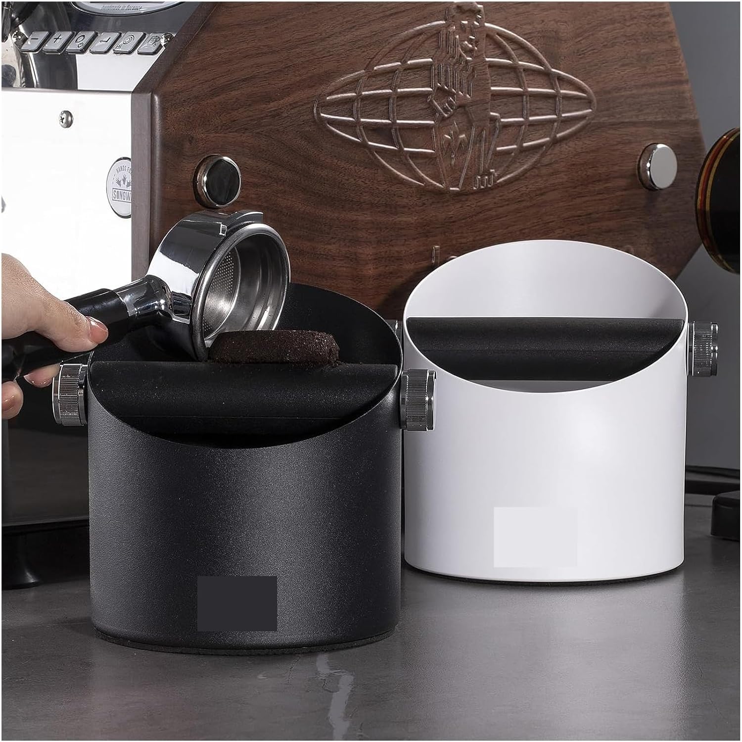 Espresso Stainless Steel Knock Box, Coffee Grounds Knock Box With Removable Knocking Rod Shock, Non-slip Base(White/Black)(Black)