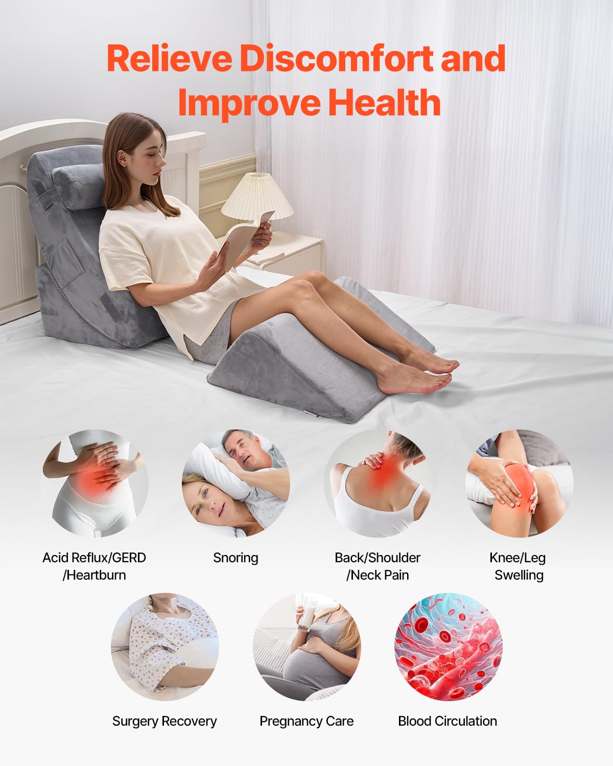 VEVOR Cuscino a Cuneo per Dormire, Set di 4, Cuscini Ortopedici Regolabili per Letto, Supporto per Gambe, Collo e Spalle, per Mal di Schiena, Reflusso Acido, Sollievo dal Russare, Grigio Scuro