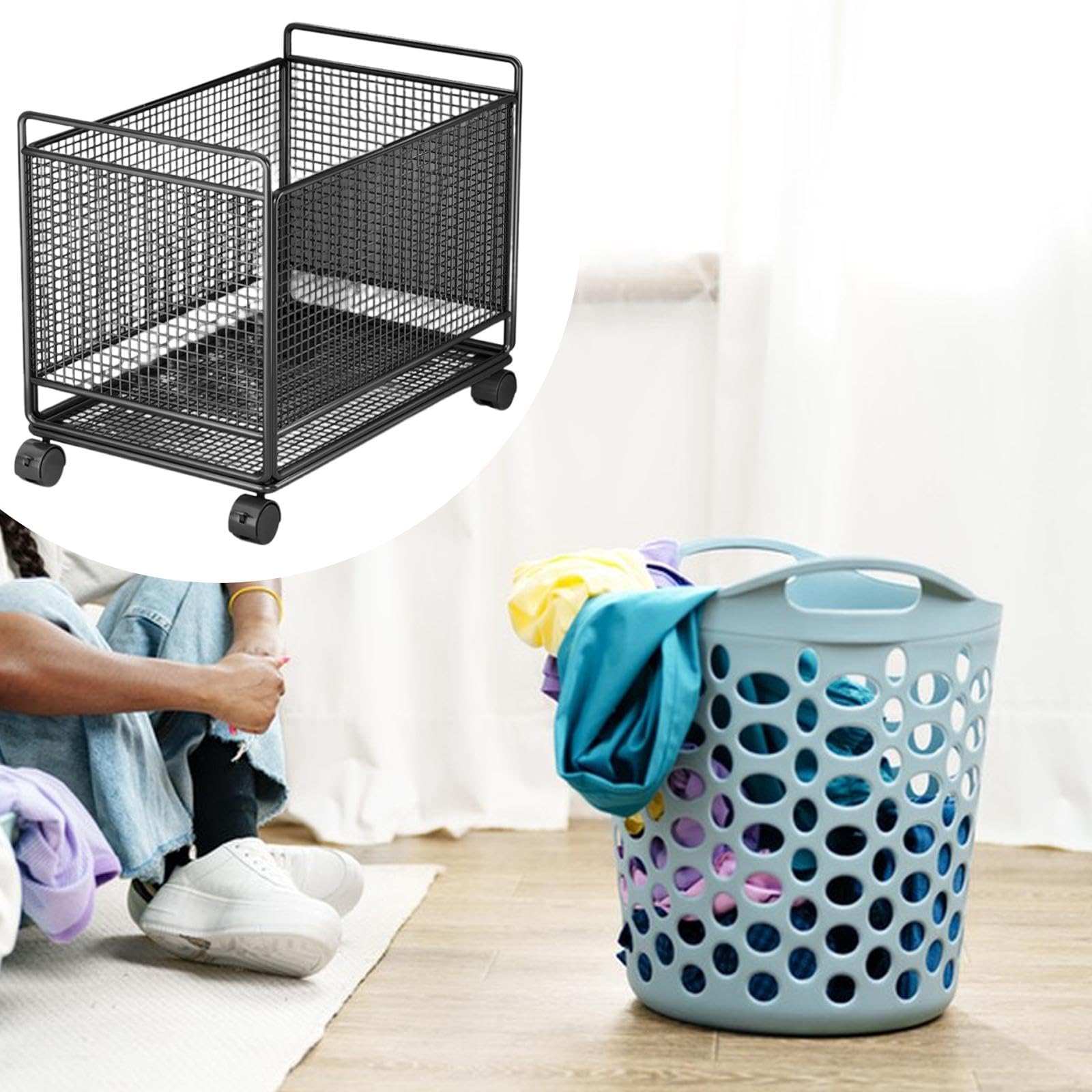 rockible Cesta de Lavandería con Ruedas de Alambre de Metal, Práctica Cesta de Almacenamiento para Ropa Sucia, Ideal para La Entrada del Hogar Y El Dormitorio, Negro, L