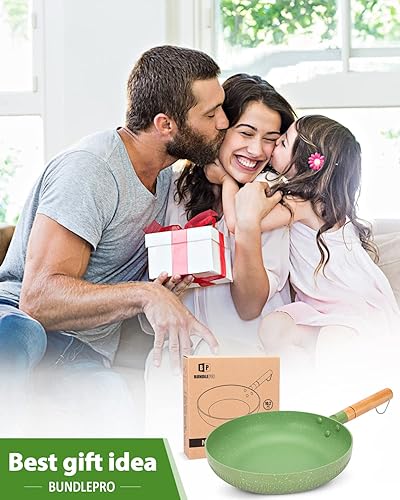 Miniatura 7 de BUNDLEPRO Sartén antiadherente, sartén de revestimiento de granito con mango de madera, utensilios de cocina de aluminio verde compatible con