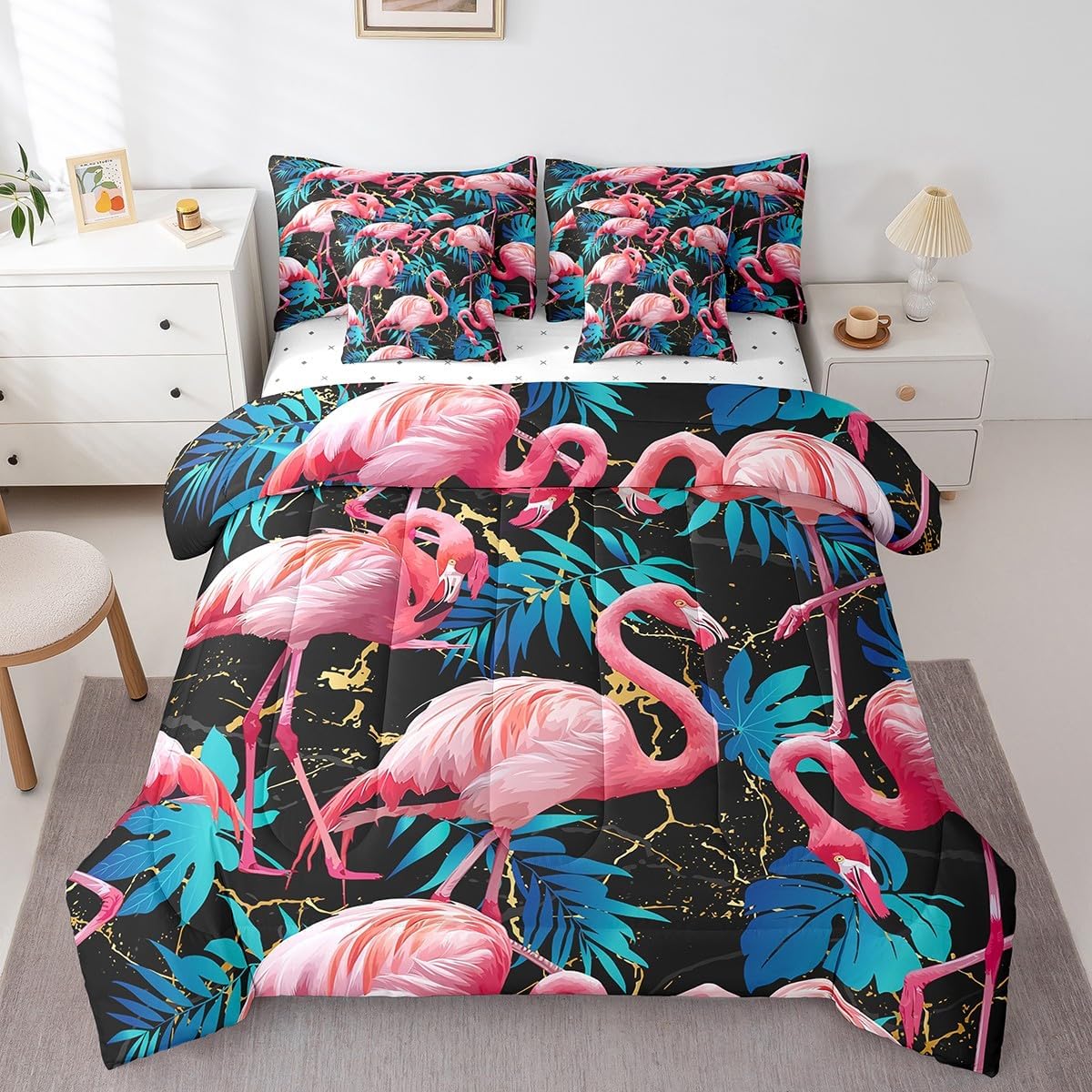 Castle Fairy Flamingo Comforter Set Queen Size,Tropical Palm Leaves Bedding Set for Kids Teens,Golden Black Marble (Comforter+Fitted+Flat Sheet+2 Pillowcases+2 Throw Pillow Covers) 7 Pieces