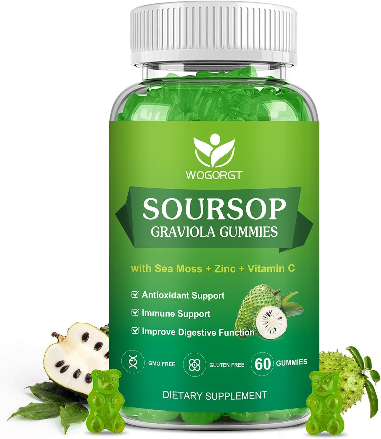 WOGORGT Soursop Graviola Gummies - Soursop Multivitamin Gummies with 200mg Sea Moss Extract for Antioxidant, Cell Support & Regeneration, Immune Support, Vegan, Apple Flavor - 60 Gummies