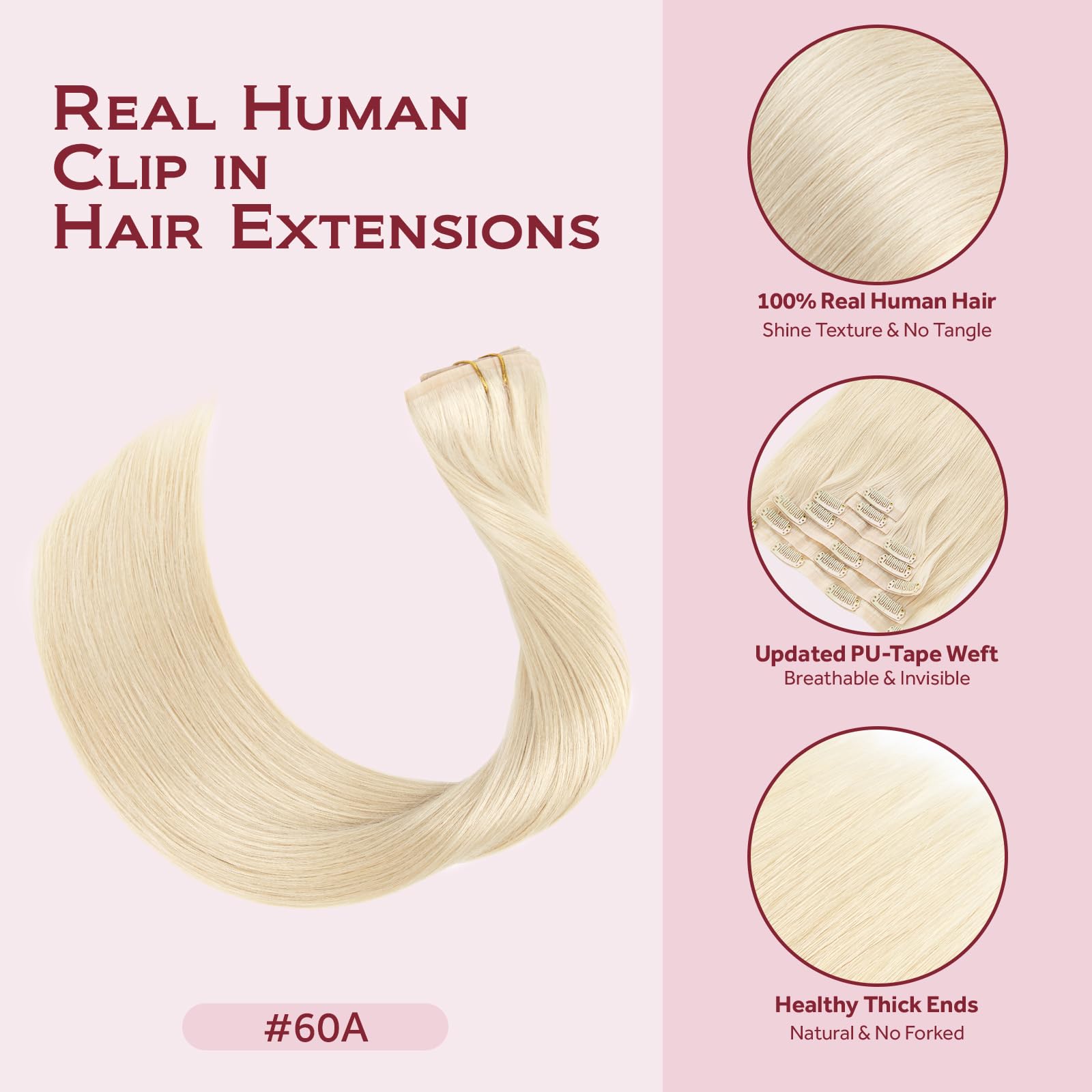 Echthaar Extensions Clip in, 100% Remy Echthaar #60A 40cm | 110g 7Pcs Platinblond Echthaar mit PU-Klebeband, Unsichtbar & Natürlich