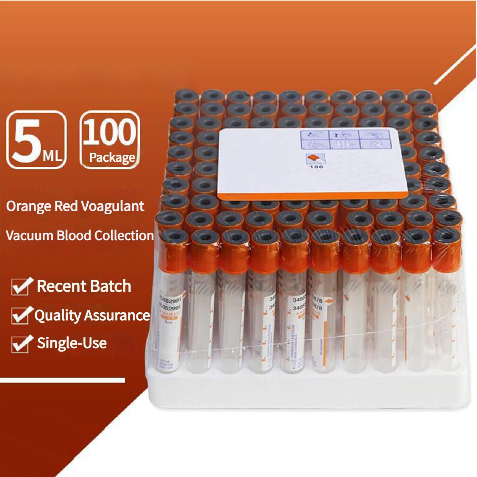 100 Sztuk Probówek PET Vacutainer do Pobierania Krwi Z Pomarańczową Górną Częścią do Laboratorium Krwi Zestaw Jednorazowych Probówek Wirówkowych 5ml