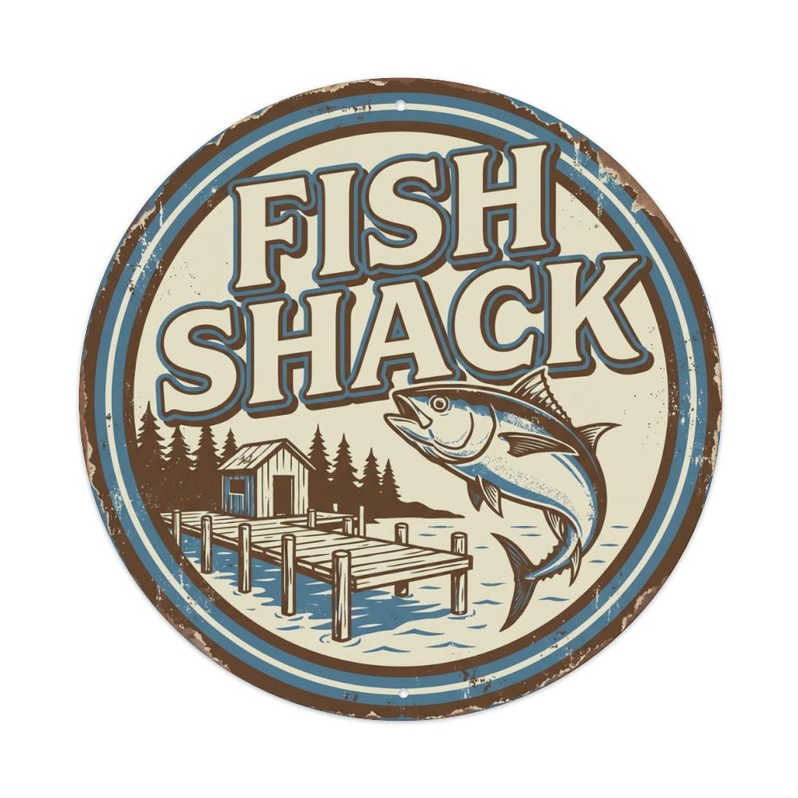 Fish Shack Angler Tackle Culture Rustic Fishing Badge Metal Tin Sign Plaque Wall Decor for Cafe, Man Cave, Club Bar, Office, Home Garden Round Metal Poster 8x8Inch