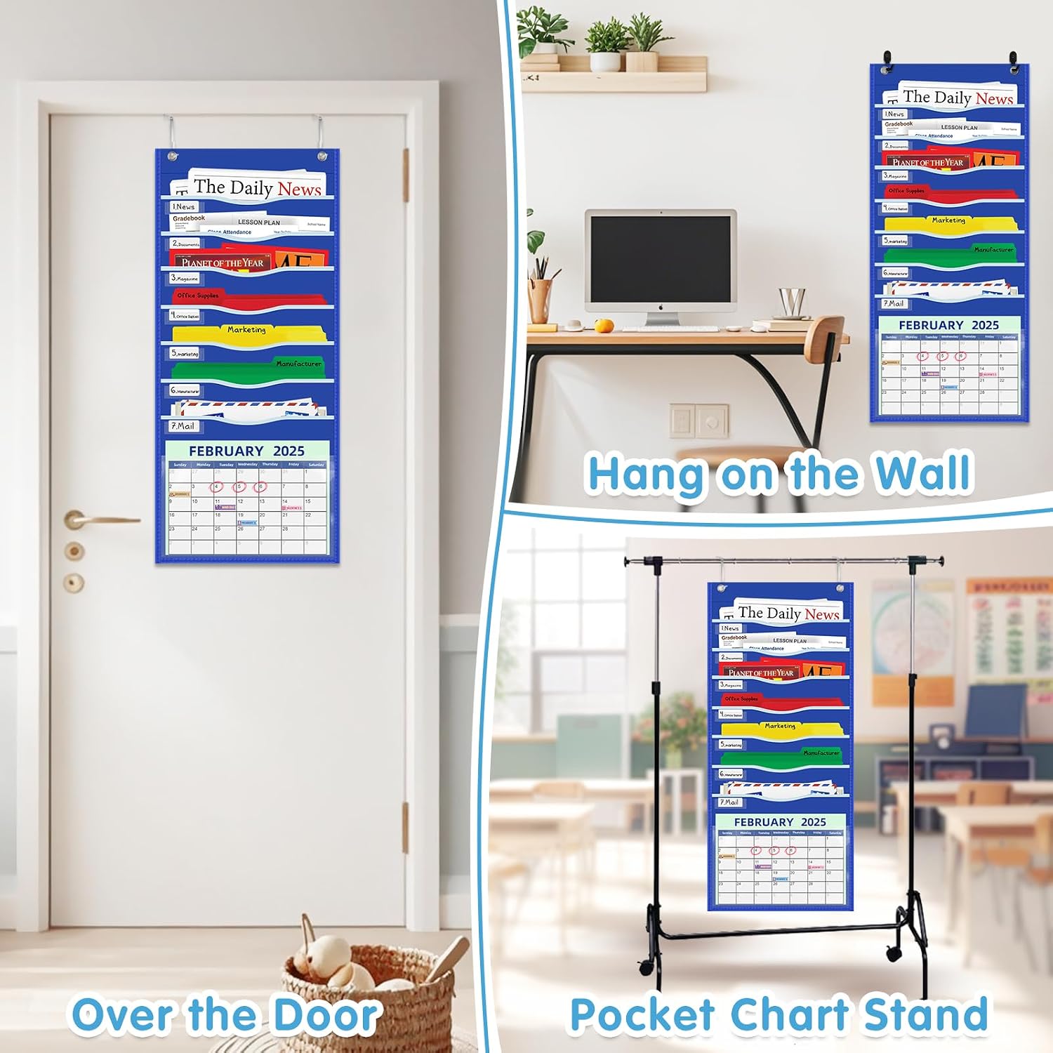ALSLEA 15" Extra Wide Hanging File Organizer with 8 Pockets - Heavy Duty Classroom Pocket Chart, Wall Mounted Document Organizer with Writable Clear Pocket, 5 Wall/ Door Hooks & 12 Labels (Blue) image 5
