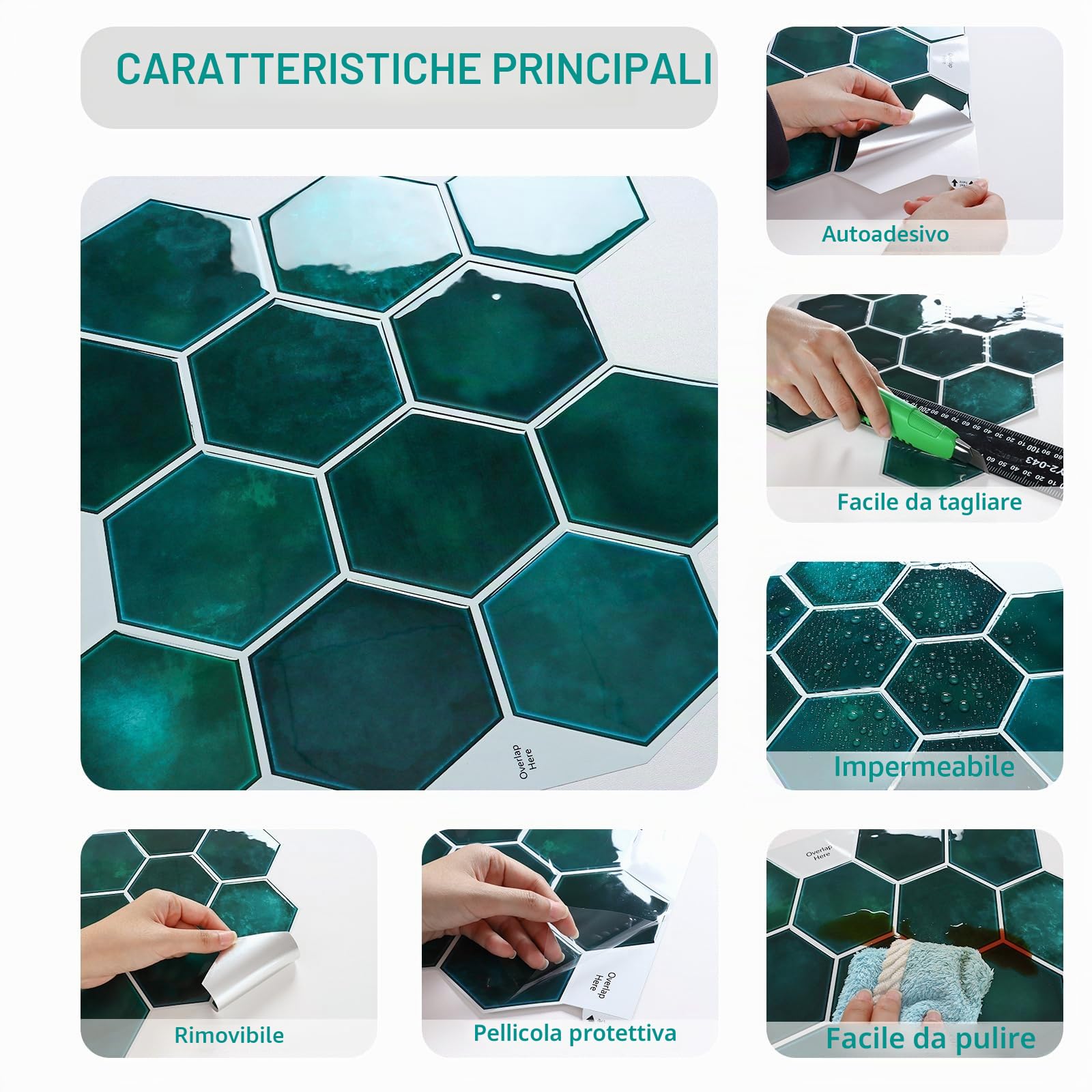 VEELIKE Piastrelle Adesive Blu Scuro Esagono Mattonelle Adesive Cucina Adesivi per Piastrelle Bagno Impermeabile 3d Piastrelle Cucina Paraschizzi Adesivo Muro Rivestimento Parete 30.5cmx30.5cm 6 Pezzi