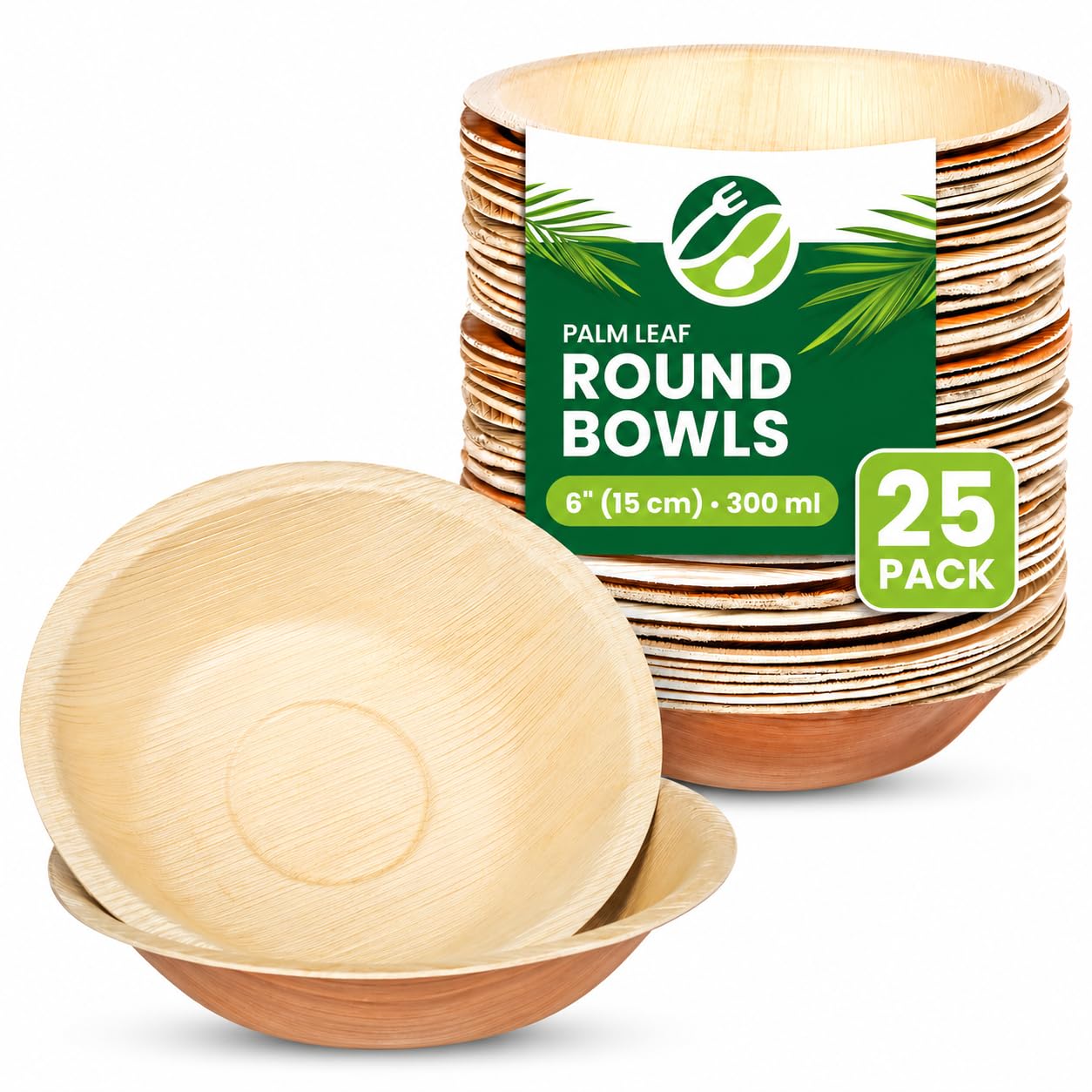 ECO Leaf Disposable Palm Leaf Bowls – Pack of 25, 6" (15cm) Round Compostable for Desserts & Salad, Eco-Friendly, Biodegradable, Heavy-Duty, Microwave & Oven Safe – for Weddings & Parties
