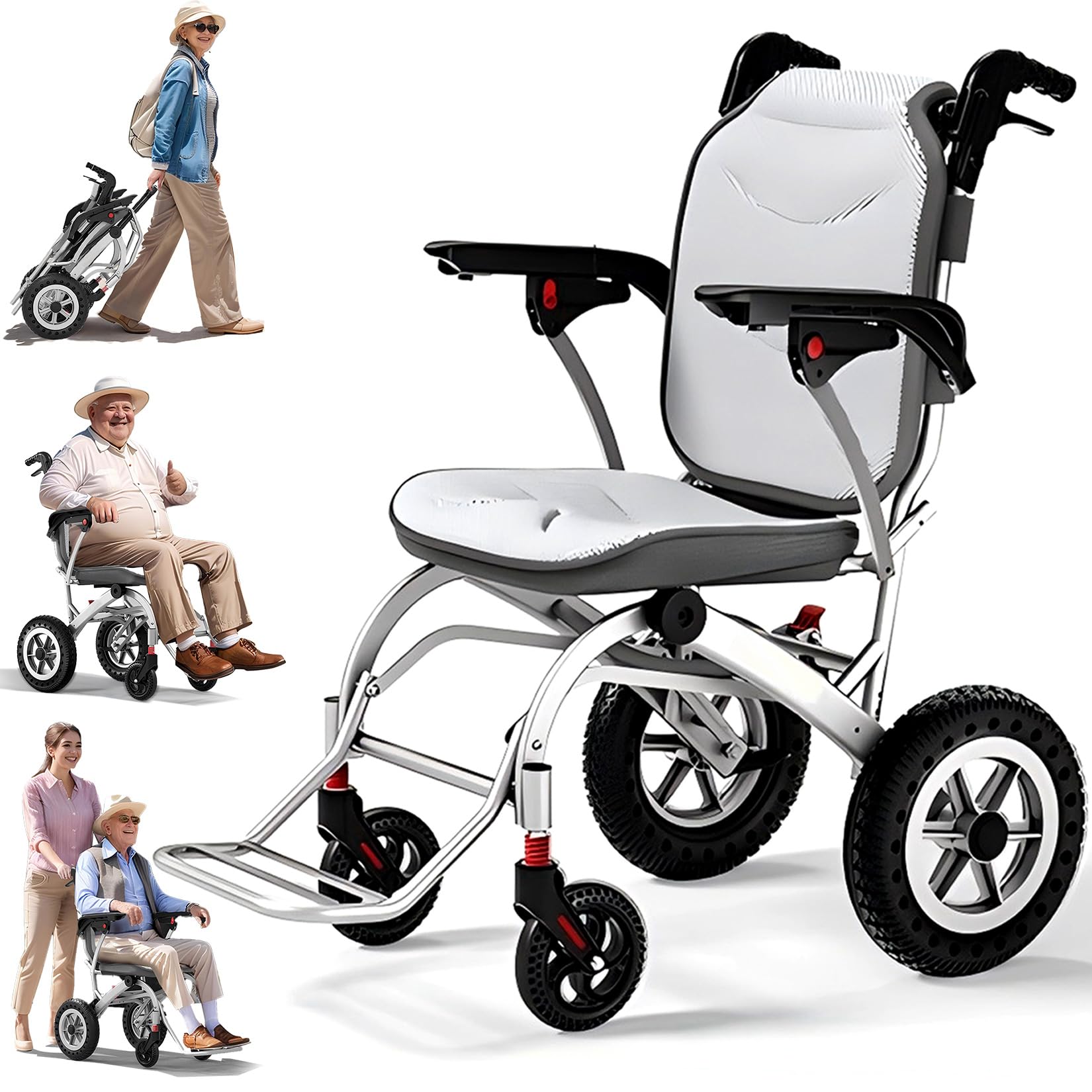 Klappbarer Transportstuhl leicht 9,8 KG - Tragbarer Rollstuhl für Reisen und Pflege mit ergonomischem W-Sitz, Aluminium-Rahmen, 130 KG Tragkraft, Doppelstoßdämpfer und 360°-Rollen