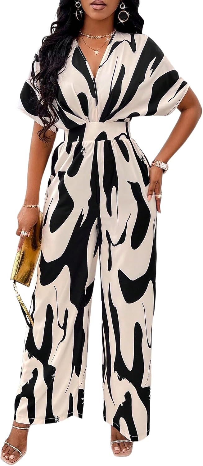 PerZeal Women’s V-Neck Short Sleeve Printed Jumpsuit with Pockets - Casual Wide Leg One-Piece Romper for Summer（S-XXL）