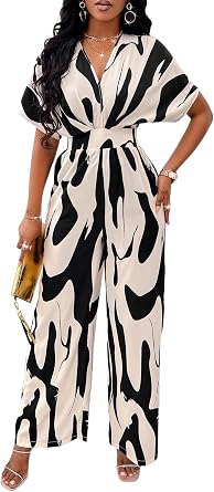 PerZeal Womens V-Neck Short Sleeve Printed Jumpsuit with Pockets - Casual Wide Leg One-Piece Romper for SummerS-XXL