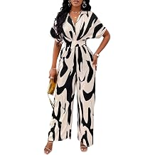 PerZeal Womens V-Neck Short Sleeve Printed Jumpsuit with Pockets - Casual Wide Leg One-Piece Romper for SummerS-XXL