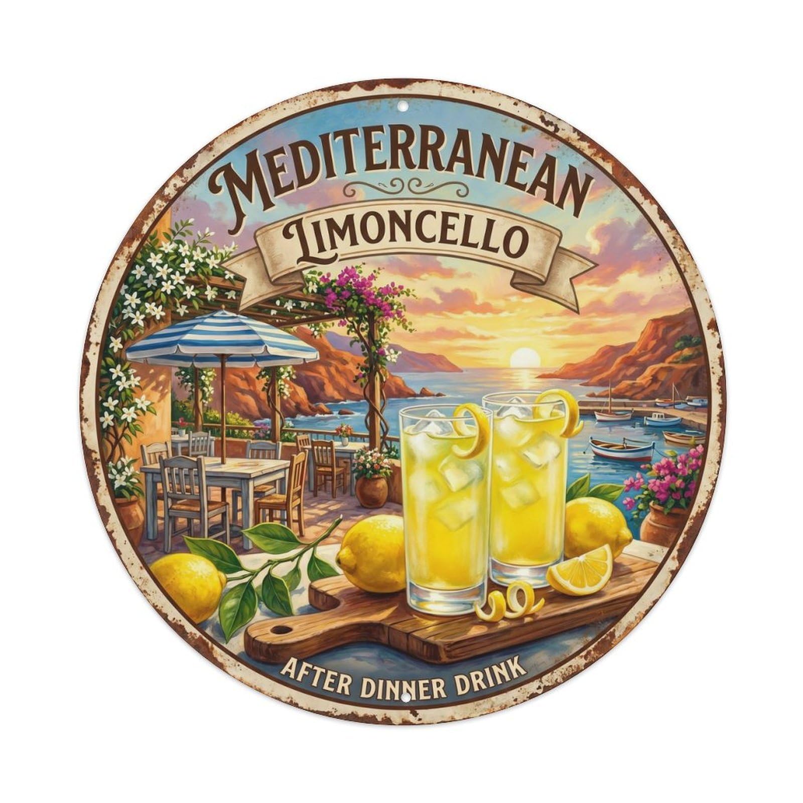 Coastal Limoncello Drink Vintage Metal Tin Sign Plaque Wall Decor for Cafe, Club, Garden Round Metal Poster 8x8Inch