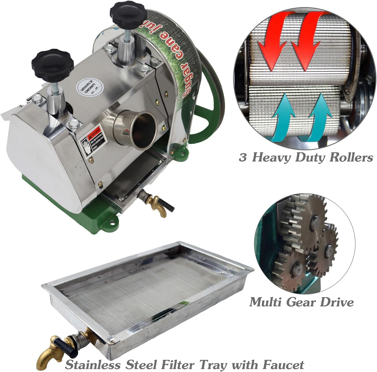 INTSUPERMAI Manual Sugar Cane Juicer Commercial Sugarcane Press Extractor Crusher Squeezer Stainless Steel Sugar Cane Press with Peeling Knives