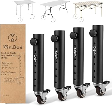 VinBee 4 Pack Adjustable Table Leg Extenders with Wheels,6-Level 10.8 inch Metal Furniture Risers for Folding Tables and Desks,Height Extension Legs for Home Office