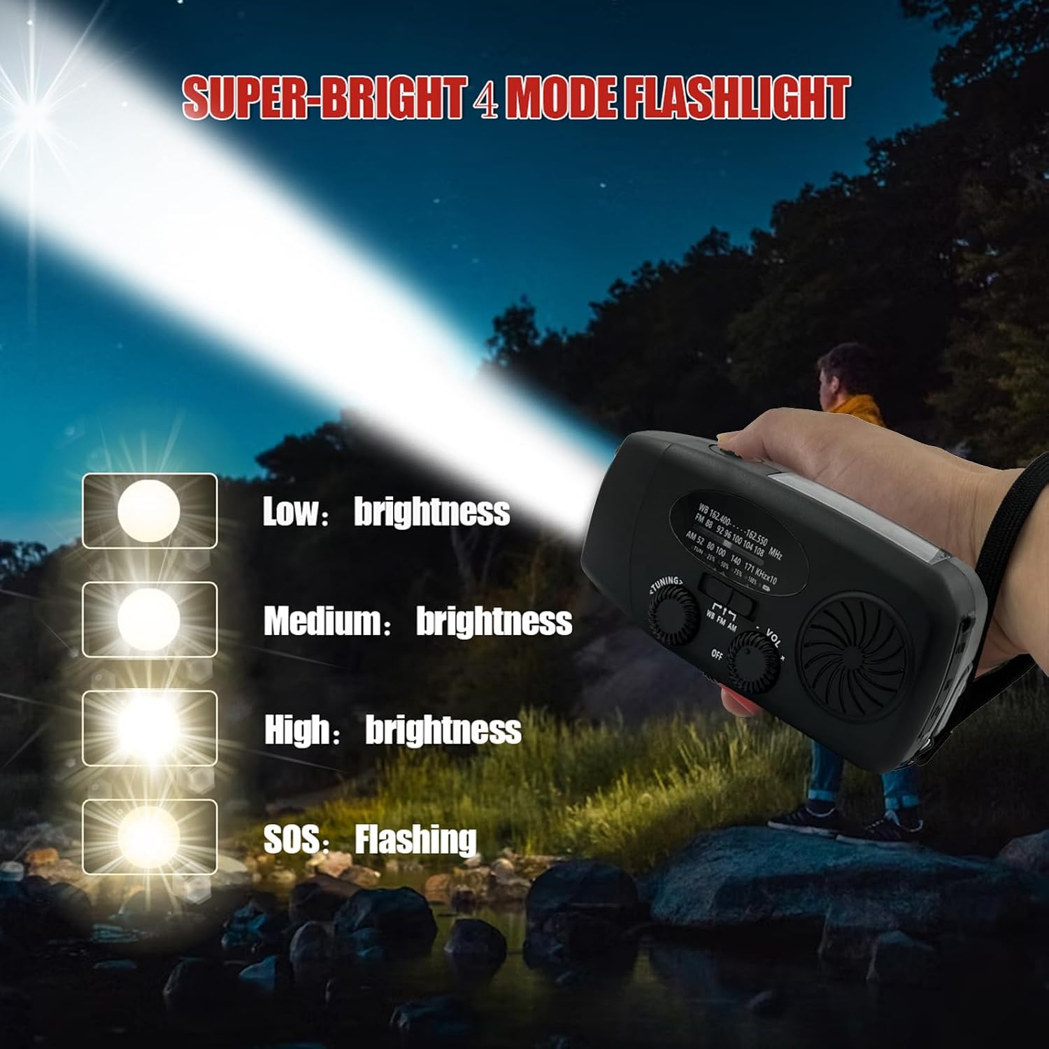 Solar Hand Crank NOAA Weather Radio, AM/FM, 2000mAh Charger, Light, SOS | 7400mWh Emergency USB phone charge, 3 LED flashlight, loud alarm & headphone jack. For camping & power outage survival.