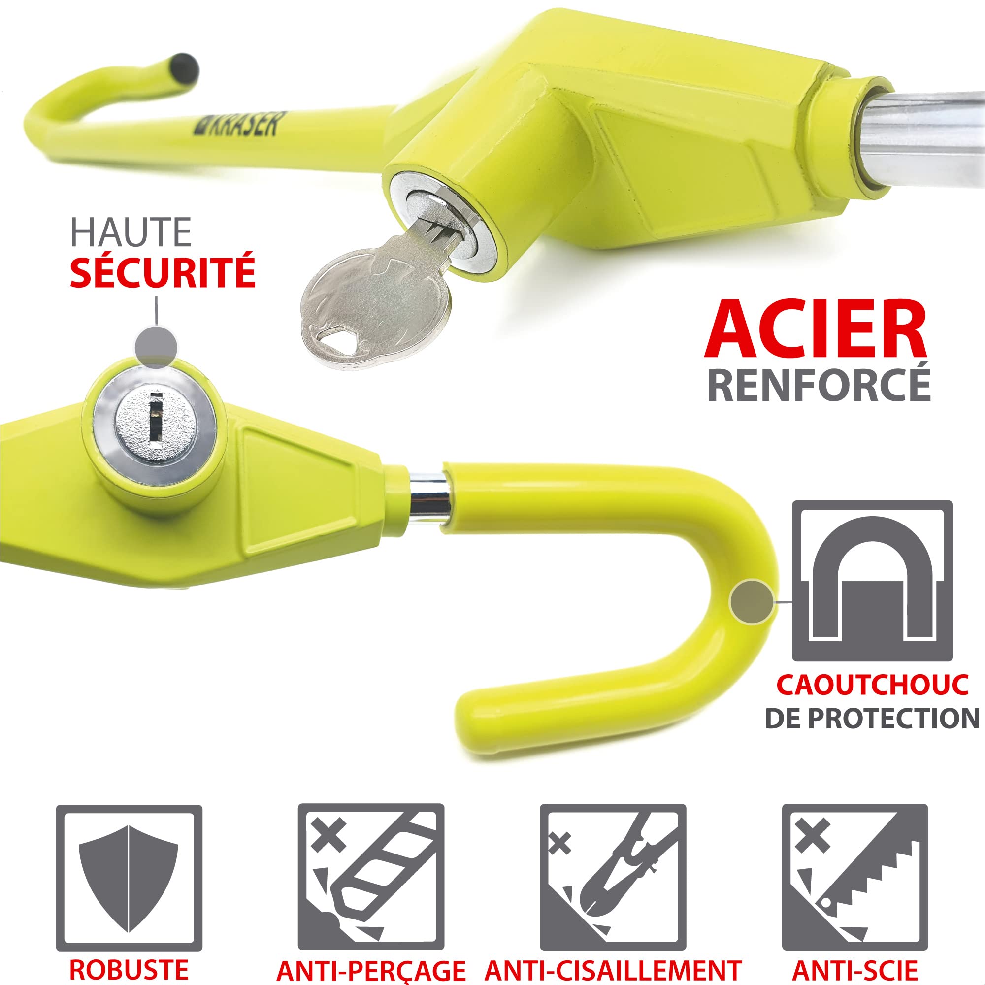 KRASER KR835 Antivol Voiture Volant Pédale, Canne Jaune Haute Visibilité, Verrouillage Sécurité en Acier, Crochet Réglable Plus Extensible, Barre Bloque Volant Universel pour Auto Camping Car Fourgon