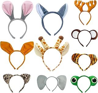 Flying Childhood 10Pcs Jungle Animal Ear Headbands for Adults Kids Toddlers Plush Safari Wild One Ears for Birthday Party Decorations Supplies Favors