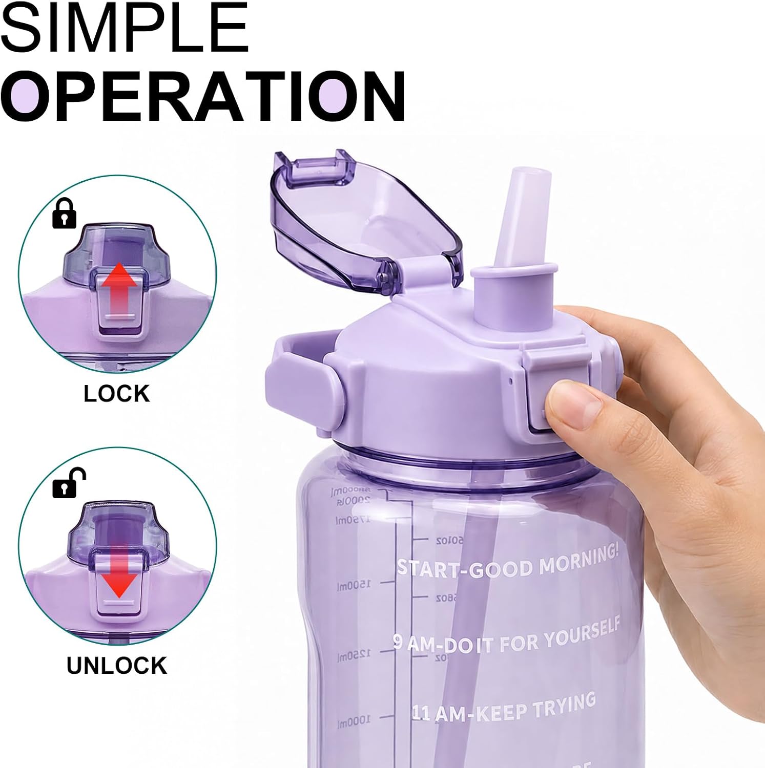 64 oz Transparent Motivational Water Bottle with Time Marker & Straw, Leakproof BPA Free Half Gallon Water Jug with Handle, Large Sports Bottle for Gym Outdoor (Purple) image 4