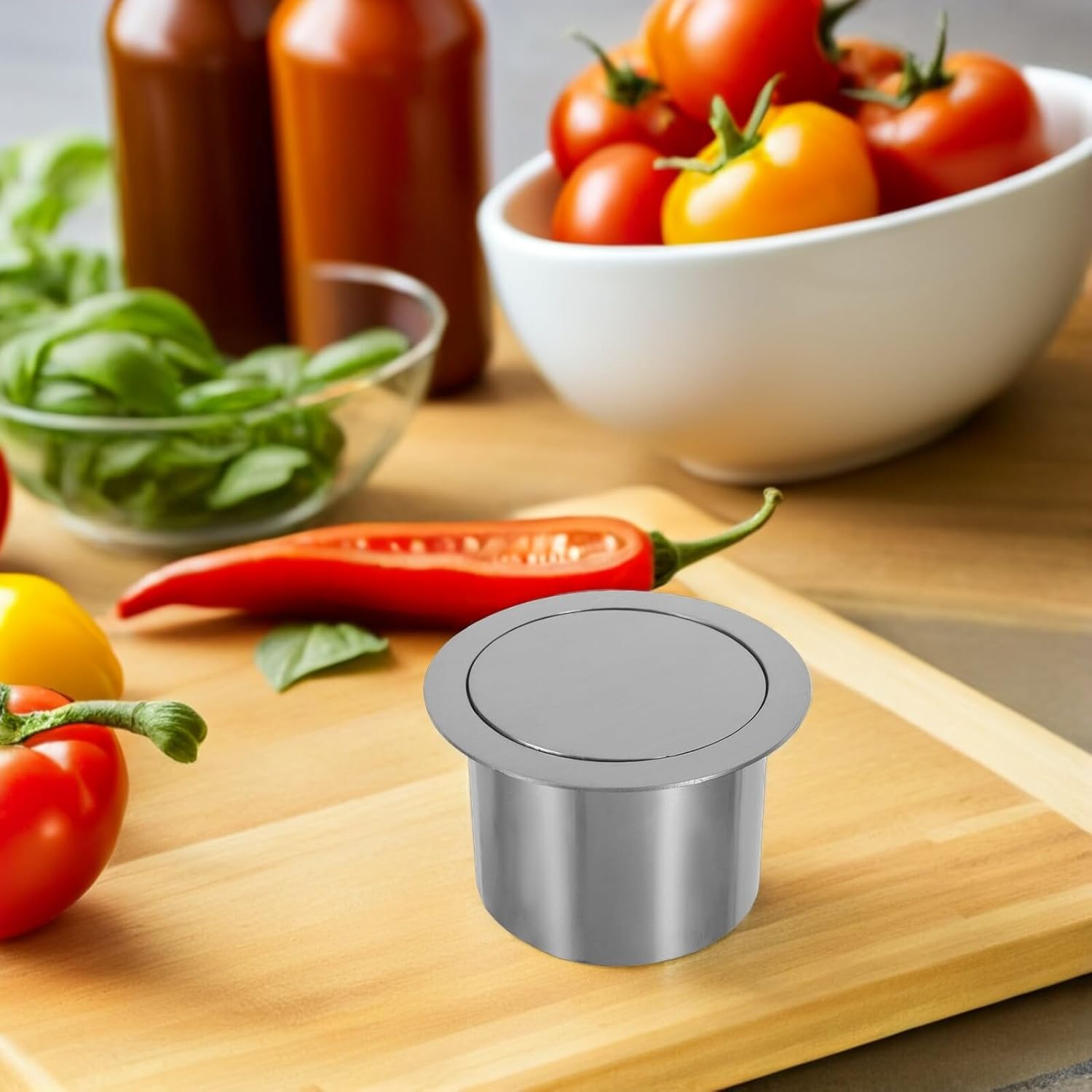 Countertop Built-in Trash Bin Lid 20cm round Stainless Steel Embedded Waste Cover Flush Recessed Garbage Can Lid for Kitchen Bathroom Counter Storage