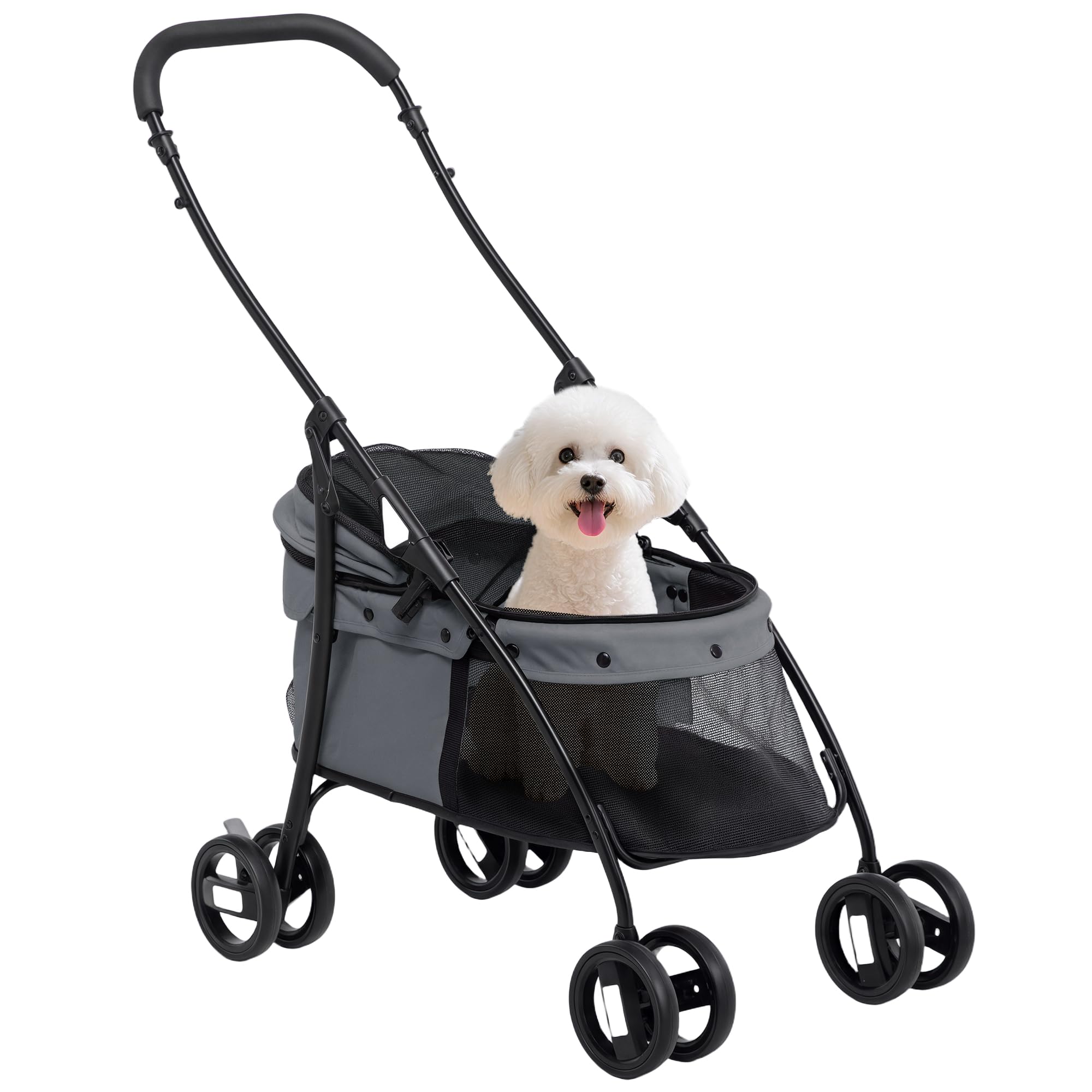 PawHut Carrito para Perros Plegable Cochecito para Mascotas Cochecito para Perros Pequeños con Ventanas de Malla Cojín Lavable Correas de Seguridad y Marco de Acero Carga 10 kg Gris
