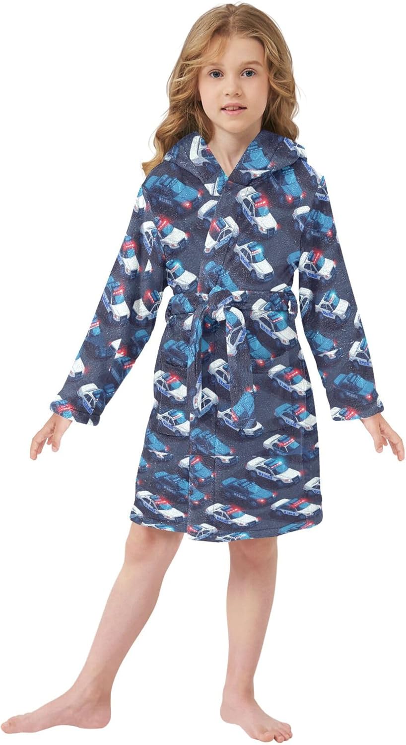 Blue and White Police Cars Pattern Bathrobe Hooded PJ Robe Soft Fleece Robe Pajama Sleepwear 2-12 Years