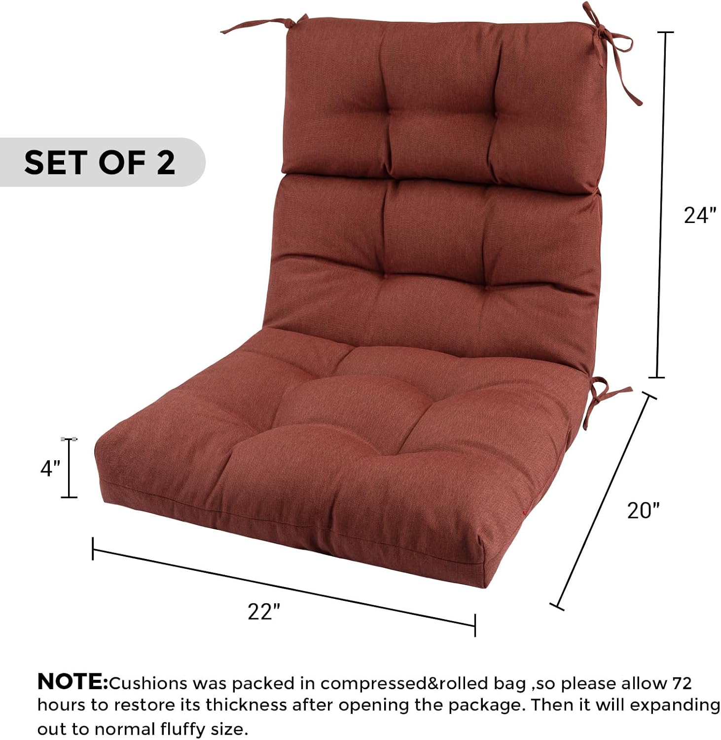 FUNHOME Outdoor High Back Chair Cushions Set of 2,Reversible Lawn Chair Cushion 44 x22 inch,Water Resistant Tufted Adirondack Chair Cushion,for Garden Rocking Chair,Patio Furniture(Dark Red)