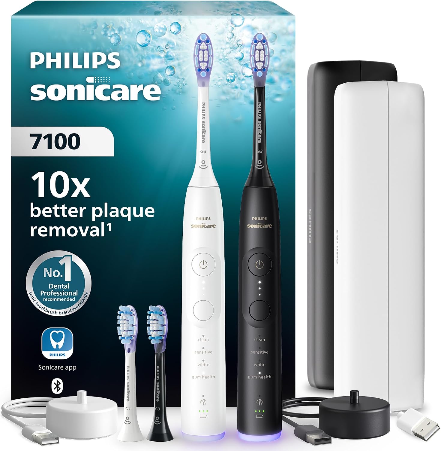 Philips Sonicare 7100 Series Electric Toothbrush - Next-Generation Sonicare Technology, Pressure Sensor, 12 Brushing Settings, 21-Day Runtime, Charging Travel Case, White & Black, 2 Pack, HX7429/04
