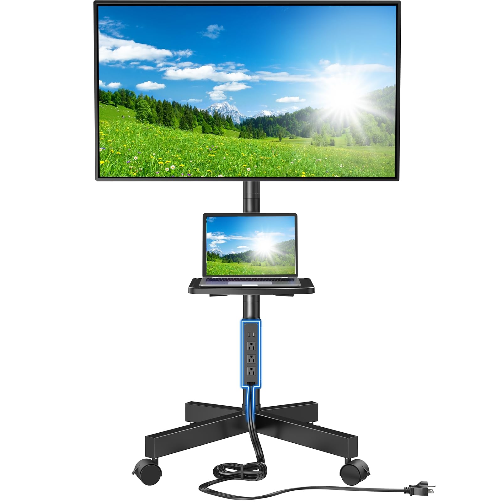HUANUO Rolling TV Stand with Power Outlet, Mobile TV Stand for 23-60 Inch Flat/Curved LED/LCD/OLED TVs up to 88 lbs, TV Cart Height Adjustable Portable TV Stand on Wheels Max VESA 400x400mm- HNTVMC02