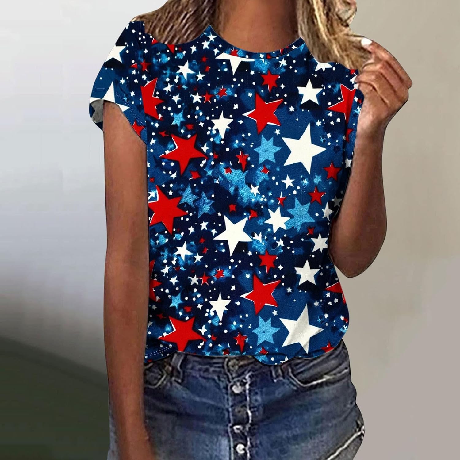 Womens July 4th Shirt Round Neck Splicing Classic Tops Casual Comfort Blouses Independence Day 2026