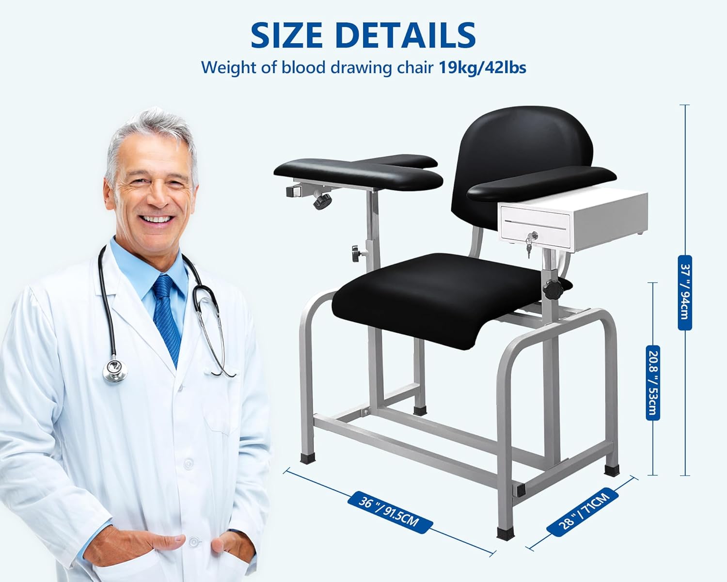 Helsevesen Comfortable Padded Blood Drawing Chair with Drawer, Clinic Chair with Soft Padded Seat, Phlebotomy Chair with Adjustable Armrest, Black