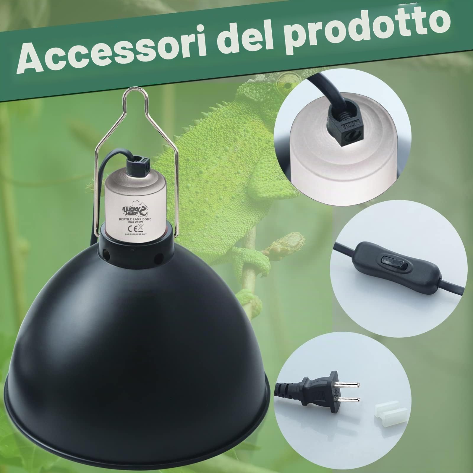 LUCKY HERP Portalampada Riscaldante per Tartaruga, Lampada Frontale per Rettili UVA UVB, Paralume Potenza Massima 250W Adatta per Rettili e Mammiferi