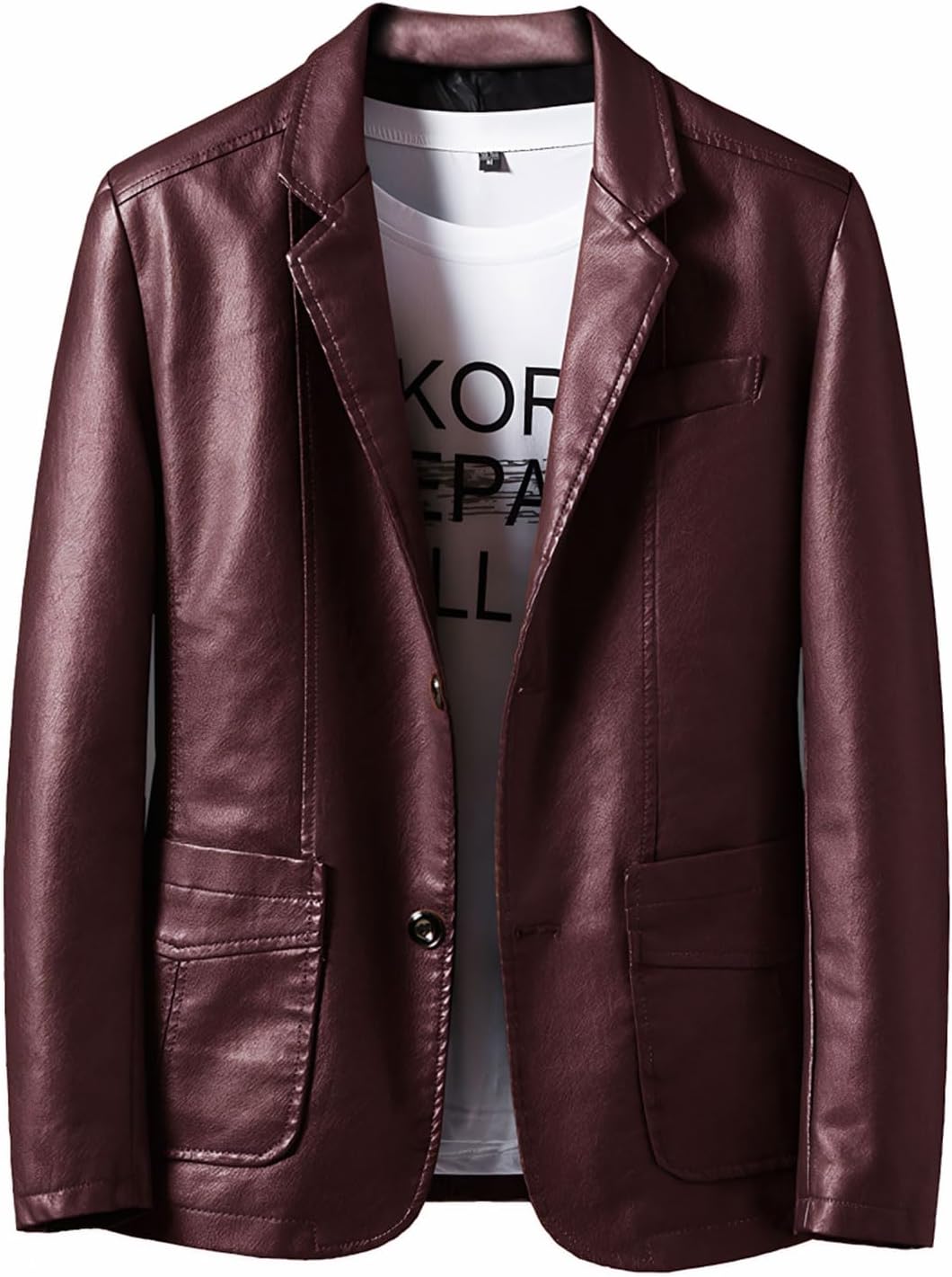 Cloudstyle Men's Leather Jacket Coat Notched Collar Vintage Casual Blazer