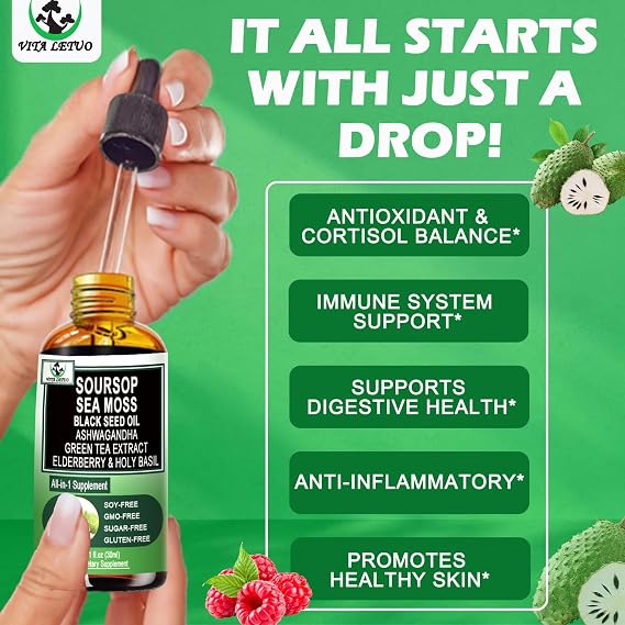 Soursop Drops,Soursop Bitters Liquid with Sea Moss Black Seed Oil Green Tea Extract Ashwagandha Elderberry Holy Basil-Multimineral&Vitamins Superfood Drops for Immune&Digestive & Cell Support