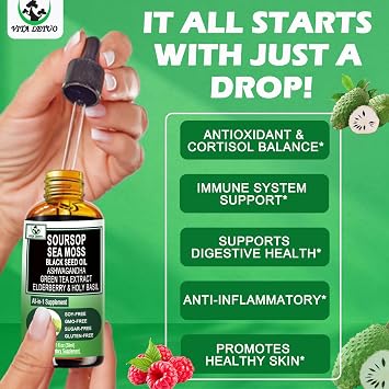 Soursop Drops,Soursop Bitters Liquid with Sea Moss Black Seed Oil Green Tea Extract Ashwagandha Elderberry Holy Basil-Multimineral&Vitamins Superfood Drops for Immune&Digestive & Cell Support