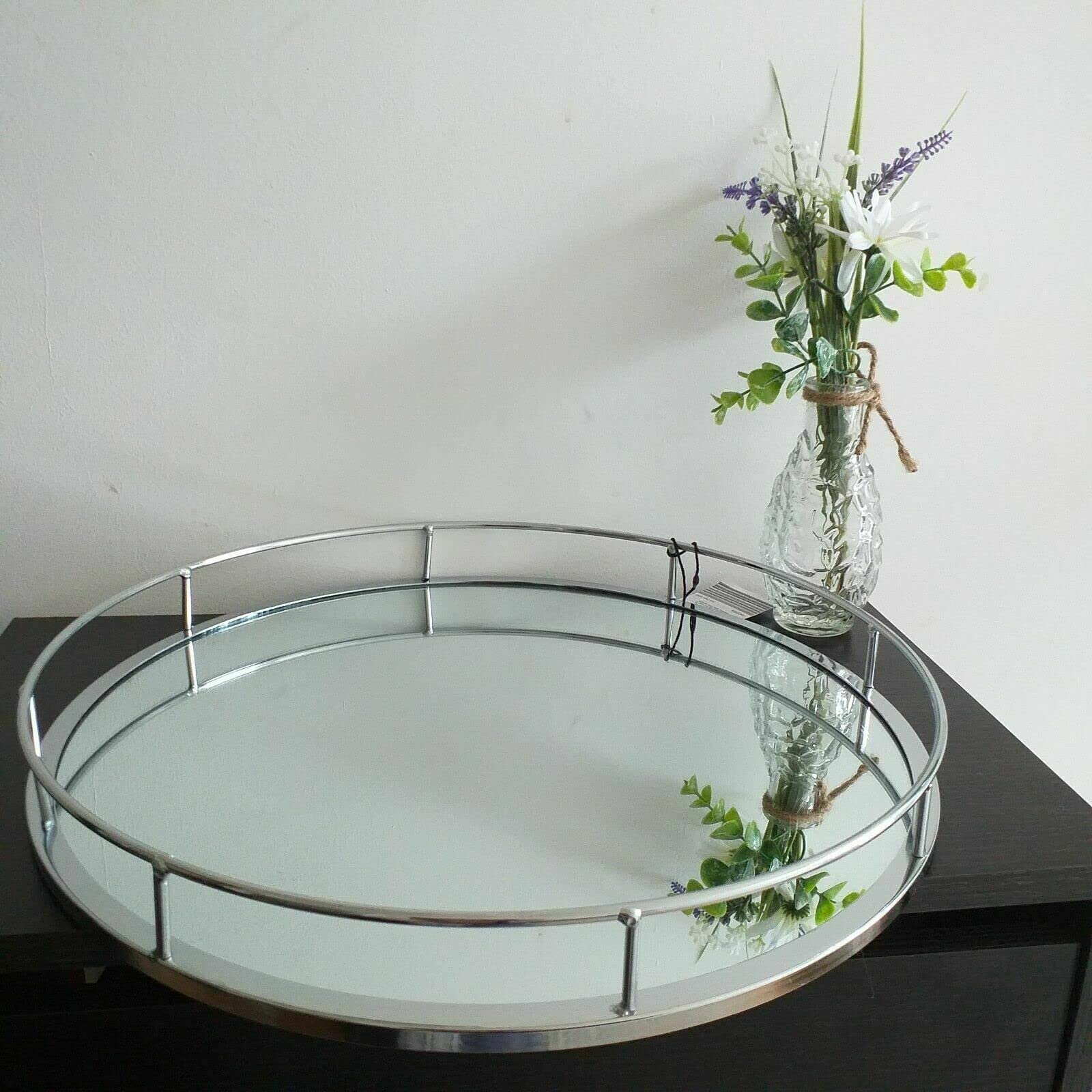 Biznest 30Cm New Beautiful Stunning Design Large Silver Round Mirror Tray Centerpiece Tealight Holder Display Your Possessions Home Decor