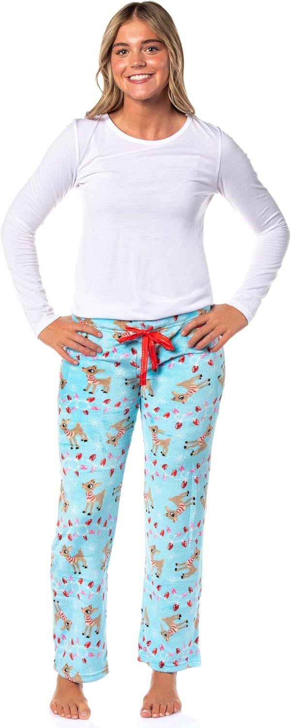 Rudolph Pajama Pants Woman's Holiday Lights Rudolph Plush Fleece Pants Juniors Pajama Pants Adjustable Waist - Image 2