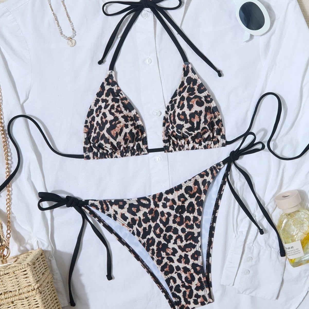 Generisch Bikini pour femme - Maillot de bain - Motif léopard - Épaules dénudées - Avec cordon de serrage - Pantalon à coupe haute - Dos nu - Tankini